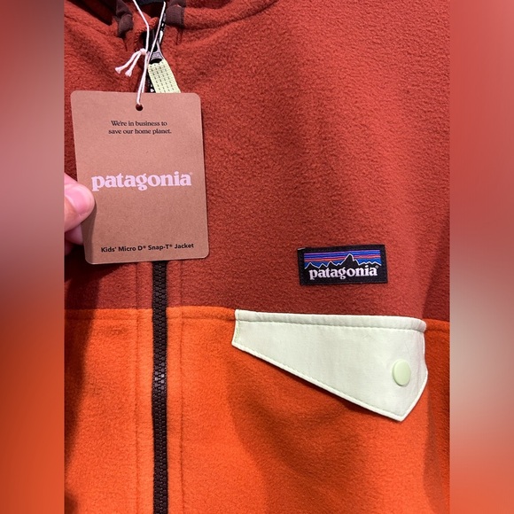 Patagonia Kids' Large Micro D Snap-T Fleece Jacket Redtail Rust Brown Hood NWT - Picture 5 of 8